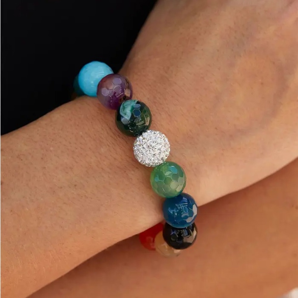Pavé Ball Agate Stone Beaded Stretch Bracelet